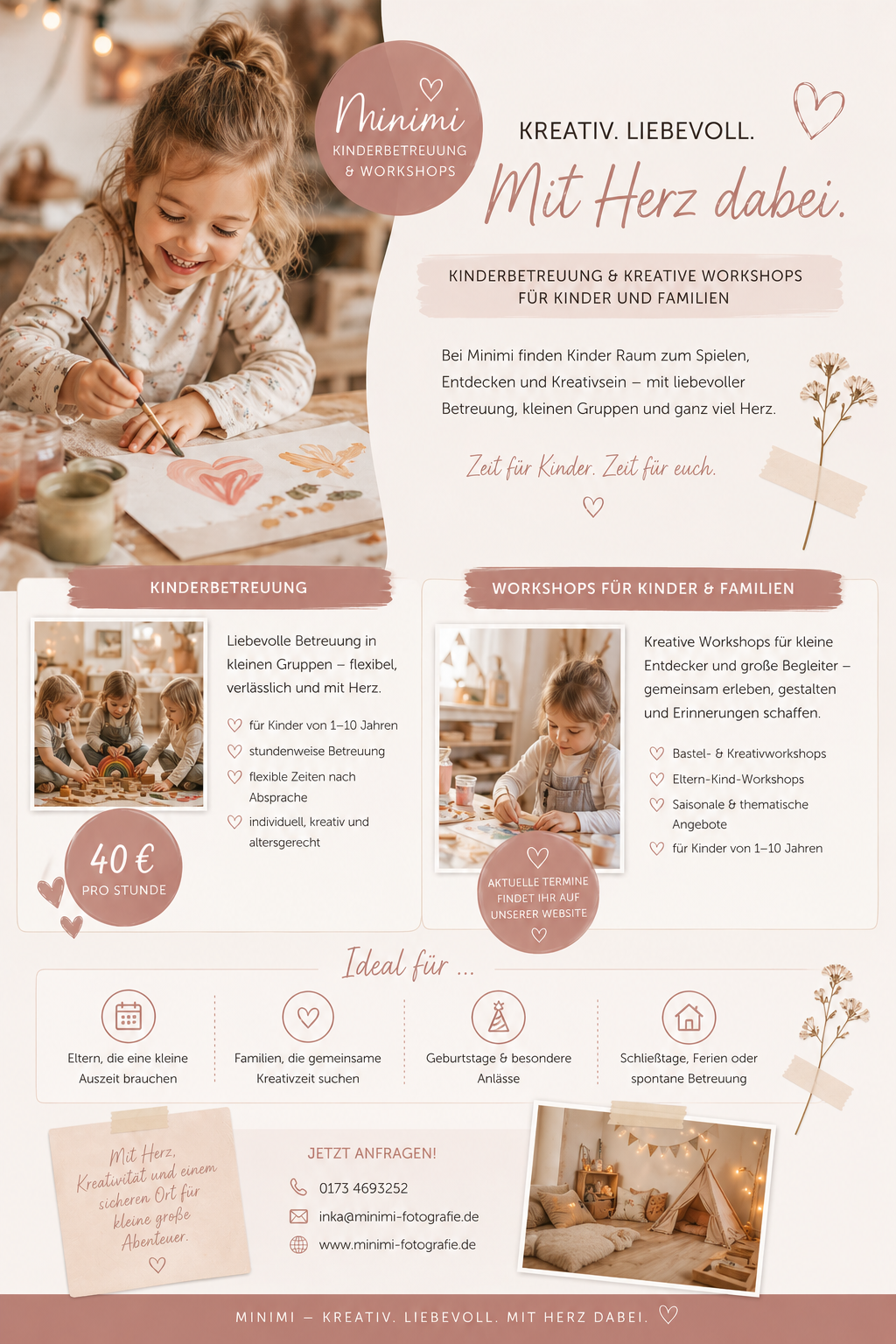Flyer zur Minimi Kinderbetreuung und kreativen Workshops für Kinder mit Preisangabe 40 € pro Stunde, flexibler Betreuung und Workshop-Angeboten.