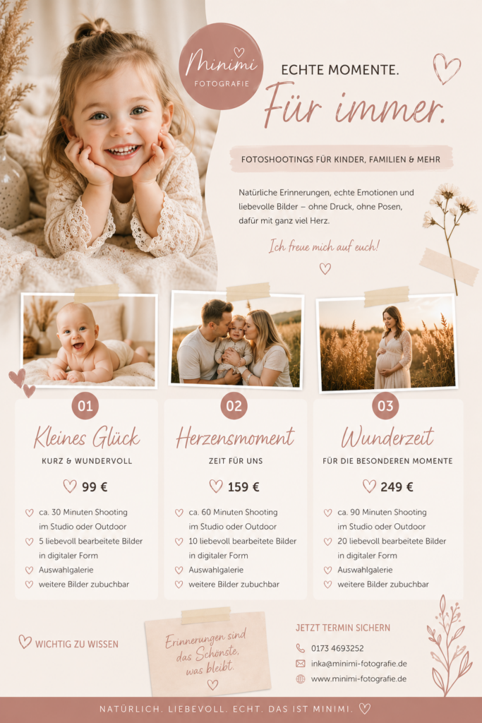 Flyer für natürliche Fotoshootings bei Minimi mit drei Paketen für Kinder-, Familien- und Schwangerschaftsfotografie inklusive Preisen.