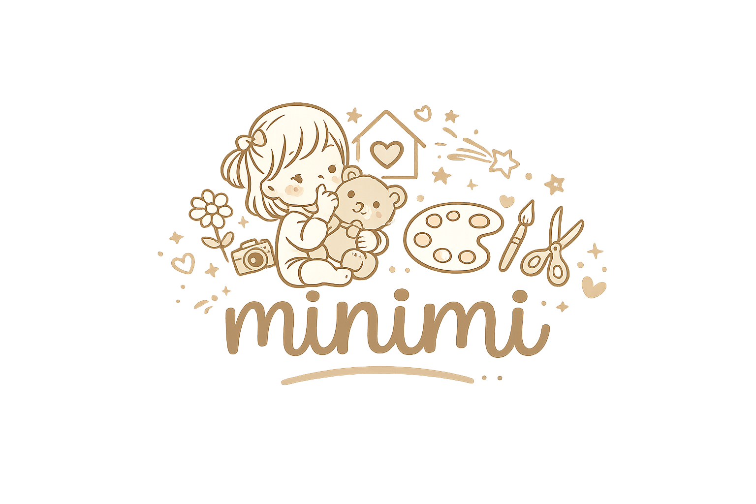 Logo von minimi: Illustration eines Kindes mit Teddybär, Kamera und Bastelsachen in sanften Pastellfarben, Schriftzug „minimi“.